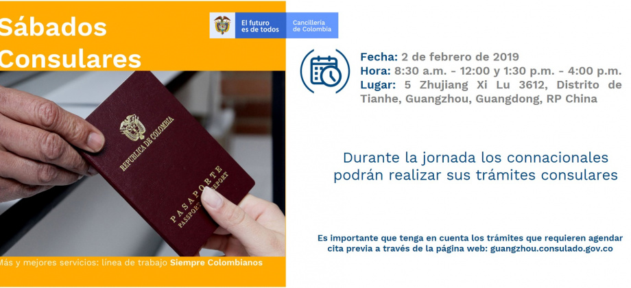 Jornada de Sábado Consular el próximo 2 de febrero en el Consulado de Colombia en Guangzhou