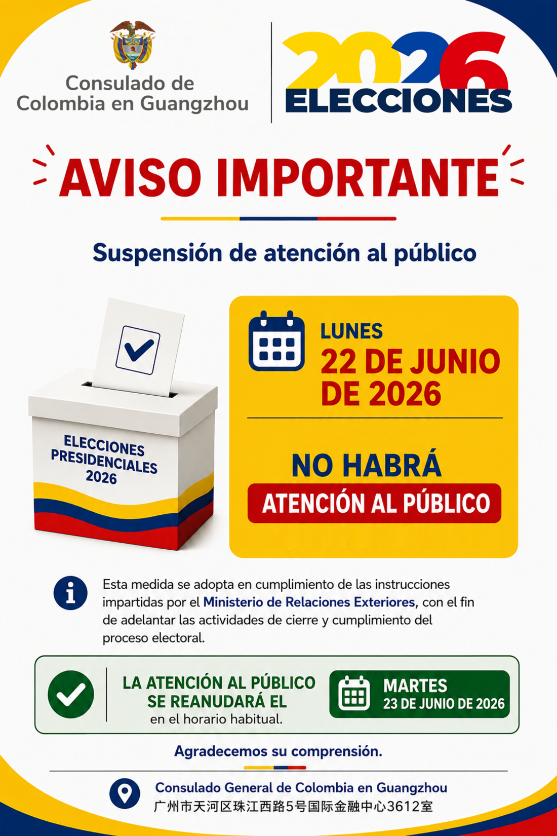 Lunes 22 de junio de 2026 no habrá atención al público