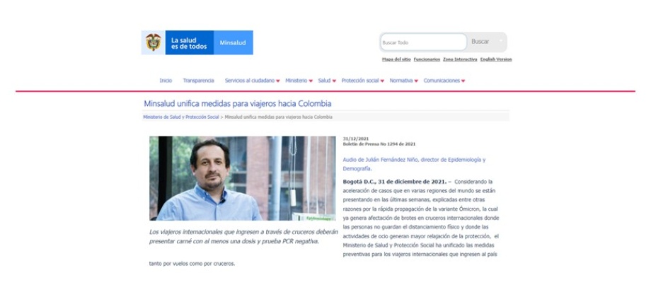  Minsalud unifica medidas para viajeros hacia Colombia